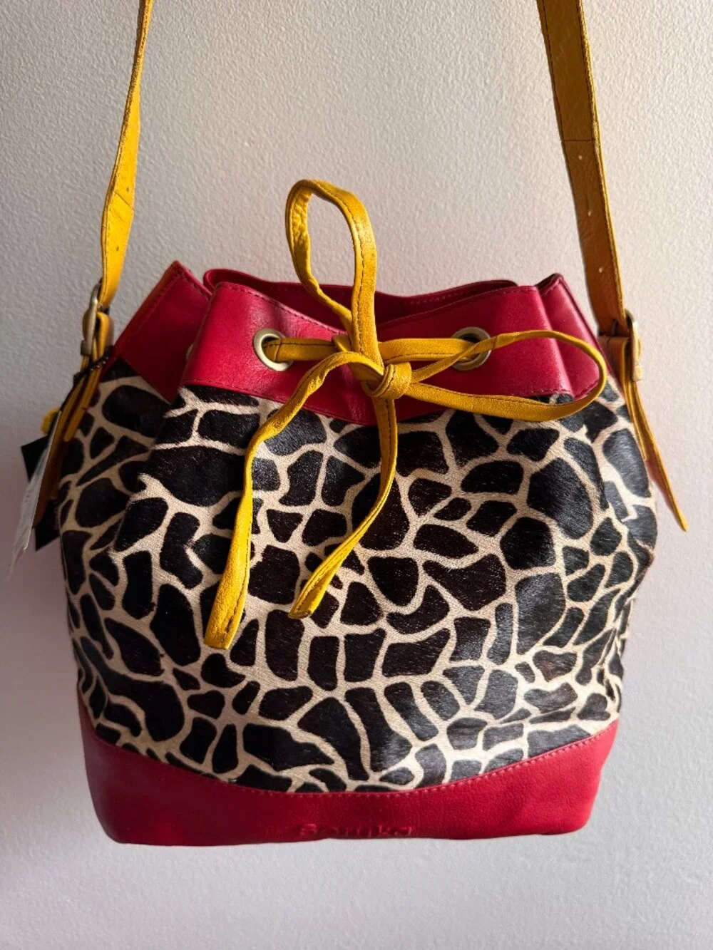 NWT Soruka Giraffe Print Leather Bucket Bag